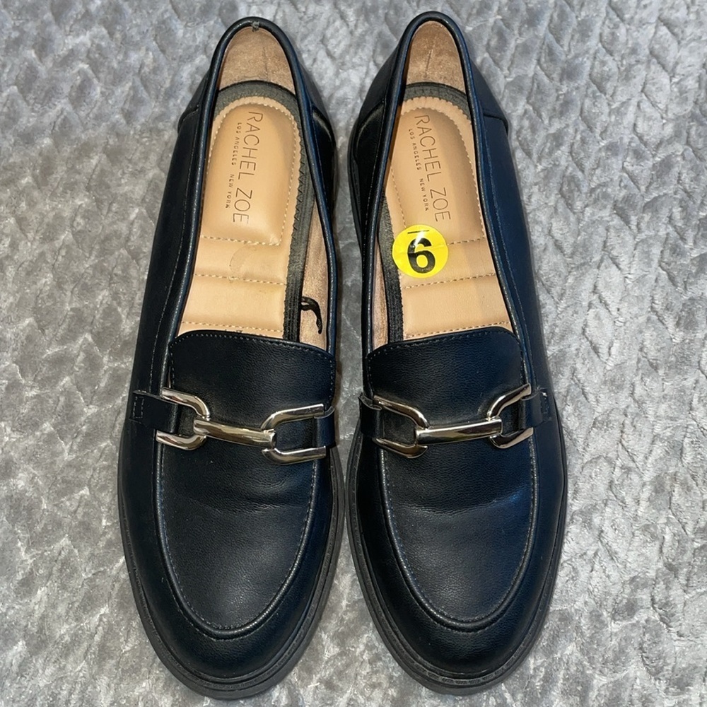 Rachel Zoe Mila Faux Leather Lug Sole Loafers w gold buckle. Black.‎ Size 9.